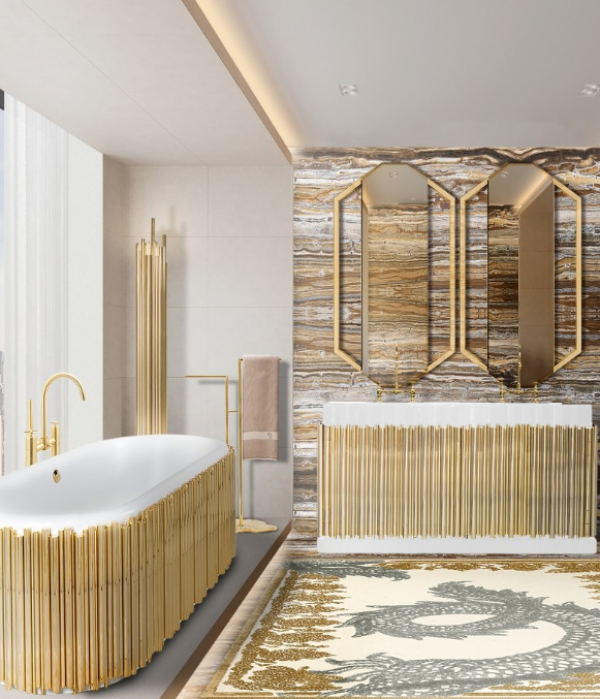 Kamar mandi dengan sentuhan warna emas dan perabotan mewah